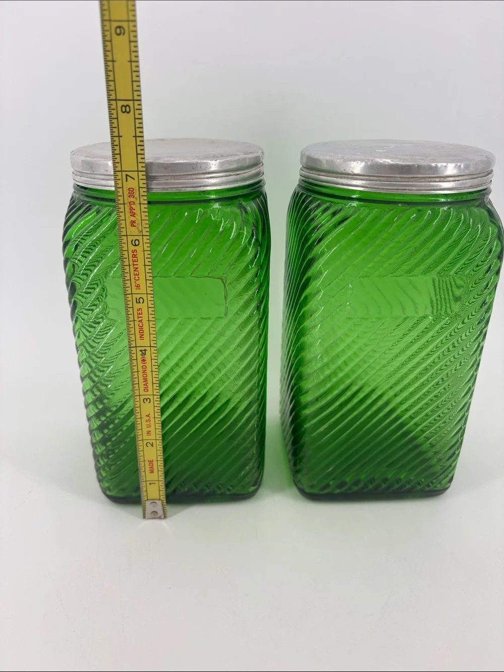 Vintage 1930s emerald green depression glass Hoosier canisters pair